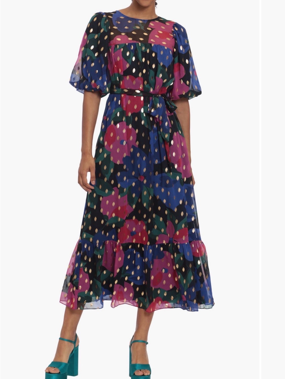 Donna Morgan Multicolor Floral Midi Skirt with Gold Dot Print